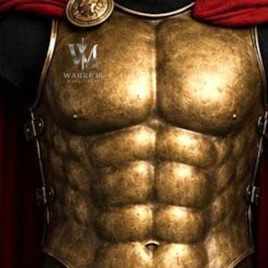 May include: A metallic gold-toned breastplate featuring a sculpted anatomical torso design with a defined six-pack. The armor includes a red fabric cape secured by a circular gold medallion and displays the text VM WARRIOR on the upper left chest.