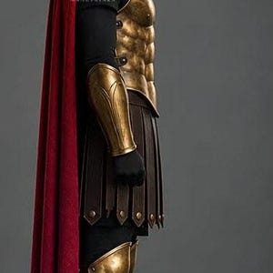 May include: A Spartan-style warrior costume featuring a metallic bronze Corinthian helmet, a matching breastplate with abdominal detailing, arm guards, and leg greaves. The ensemble includes a long red cape and a dark brown kilt-like skirt.