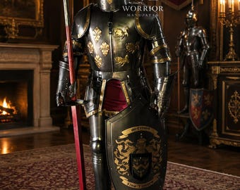May include: A full suit of dark metal armor featuring a helmet with a gold cross, gold floral accents on the chest, and a red-shafted spear. A large shield is held at the side, displaying the text McCormick and Sine Timore with a crest.