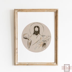 Hogazas de pan y 2 peces, Jesús Portre, Arte de la pared de la Biblia, Decoración de la cocina, Cristiano, Regalo para la casa, Hecho a mano, Vivero, Digital imprimible, Arte