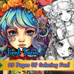 25 Forest Fairy Girls, Fantasy Anime Coloring Pages, Adults + kids- Download - Grayscale Coloring Page, Coloring Book Gift, Printable PDF