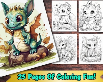 25 Baby Woodland Dragon Coloring Page Book, Adults + kids- Fantasy Instant Download   Coloring Page, Printable PDF, PNG Dragons coloring