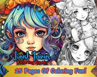 25 Forest Fairy Girls, Fantasy Anime Coloring Pages, Adults + kids- Download - Grayscale Coloring Page, Coloring Book Gift, Printable PDF