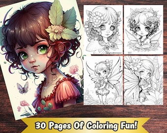 Adorable Forest Fairy Girls Fantasy Anime Coloring Page, Adults + kids- Instant Download - Grayscale Coloring Page - Gift, Printable Art PDF