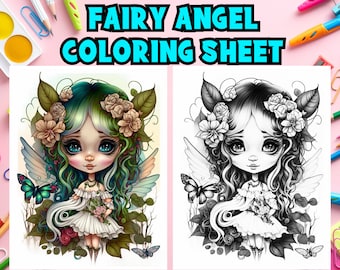 Fairy Angels kleurplaat, grijswaarden kleurplaat, kleurboek, Fantasy Anime, afdrukbare kunst PDF, Instant Digitale Download, Feeën