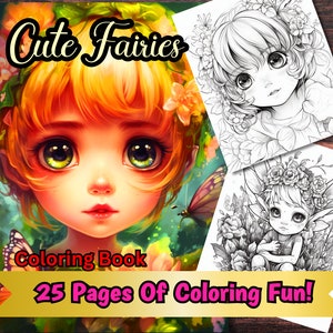 25 Cute Forest Fairy Girls Fantasy Anime Coloring Page, Adults + kids- Instant Download - Grayscale Coloring Page, 4 Bonus Covers Included!