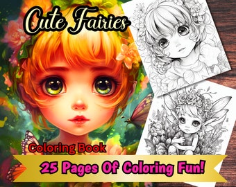 25 Cute Forest Fairy Girls Fantasy Anime Coloring Page, Adults + kids- Instant Download - Grayscale Coloring Page, 4 Bonus Covers Included!
