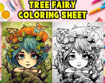 Innocent Tree fairy girl Girl Beautiful Coloring Page, Adults & kids- Instant Download - Grayscale Coloring Page - Gift, Fairy coloring page
