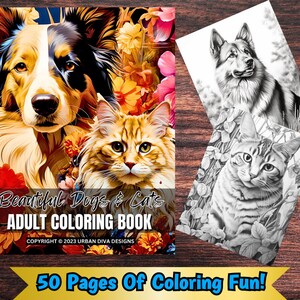 Beautiful Cats & Dogs Coloring Book For Adults and Teens  Grayscale Coloring Page, Printable PDF, Kitten Coloring, Dog Coloring Pages,