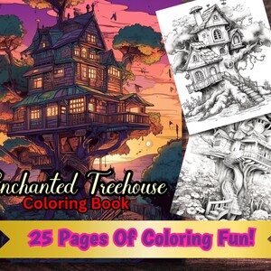25 Enchanted Fairy Treehouses Coloring Book, Adults kids Instant Download -Grayscale Coloring Book -Printable PDF, Flower House, Fairy House