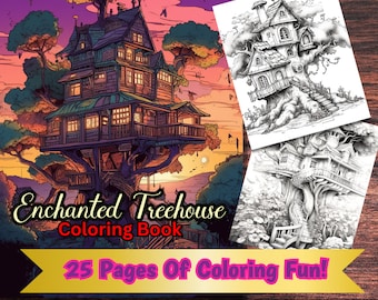 25 Enchanted Fairy Treehouses Coloring Book, Adults kids Instant Download -Grayscale Coloring Book -Printable PDF, Flower House, Fairy House