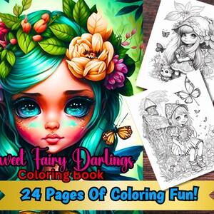 24 Sweet Fairy Darlings Coloring Pages -Fantasy Anime Coloring Page, Adults + kids- Download - Grayscale Coloring Page - Gift, Printable PDF