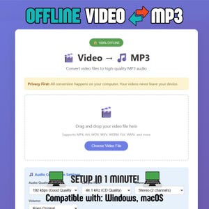 Puede incluir: Captura de pantalla de una interfaz de software para convertir archivos de vídeo a audio MP3. La interfaz es blanca con acentos azules y verdes, con el texto "OFFLINE VIDEO MP3" y "SETUP IN 1 MINUTE!". Compatible con Windows y macOS.