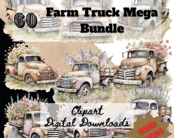 Old Trucks Clipart Mega Bundle, 60 Watercolor Style PNG Files, Transparent Background, Farmhouse Decor, Farm Scene, American Rustic Art