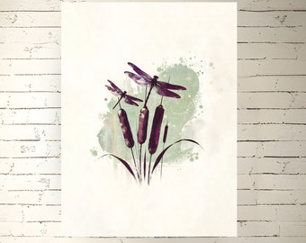 Cattails Purple Dragonflies Watercolor Style Painting Sage Green Art Print Minimalistic Mauve Farmhouse Decor Satin or Archival Matte Poster