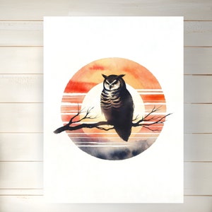 Horned Owl Painting Watercolor Illustration Minimalist Style Sunset Country Landscape Farmhouse Decor Satin or Archival Matte Poster Print