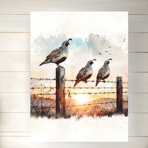Wachteln Malerei Aquarell Illustration Minimalistischen Stil Sonnenuntergang Land Landschaft Bauernhaus Dekor Satin oder Archival Matte Poster Vogel Druck