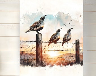 Quail Watercolor Painting Poster: Sunset Country Landscape Bird Print