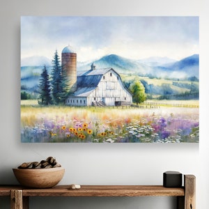 Old White Barn Watercolor Style Painting Rural Wall Art Rustic Print Spring Wildflowers Country Landscape Satin or Archival Matte Poster