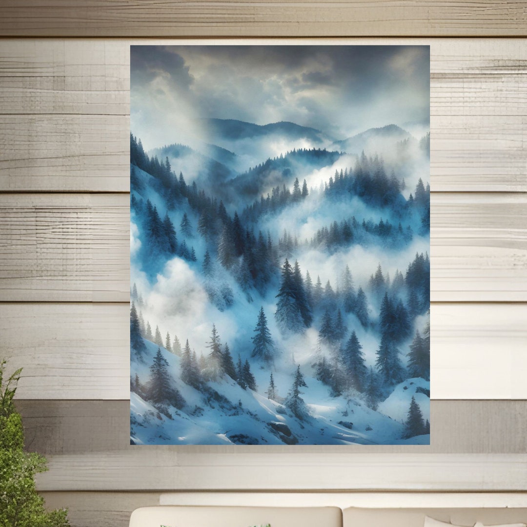 Winter Mountain Landscape Poster Print: Snowy Pine Forest Watercolor ...