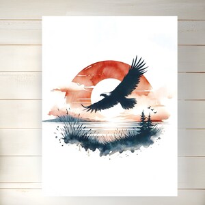 Bald Eagle Watercolor Print: Sunset Landscape, Minimalist Farmhouse Decor