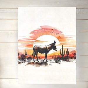 Donkey Watercolor Print: Desert Sunset, Southwest Decor