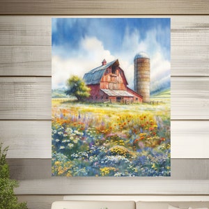 Old Red Barn Watercolor Style Painting Rural Wall Art Rustic Print Spring Wildflowers Country Landscape Satin or Archival Matte Poster