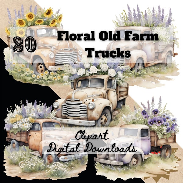 Rustic Charm Floral Old Trucks Clipart Set, 20 Watercolor Style PNG Files, Transparent Background, Farmhouse Decor, Farm Scene, Barnyard Art