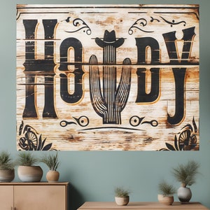 Howdy Willkommensschild-Druck, auffälliger Vintage-Stil, Country-Western-Typografie, Kaktus-Wandkunst, modernes Bauernhaus-Dekor, Satin- oder Archiv-Matt-Poster