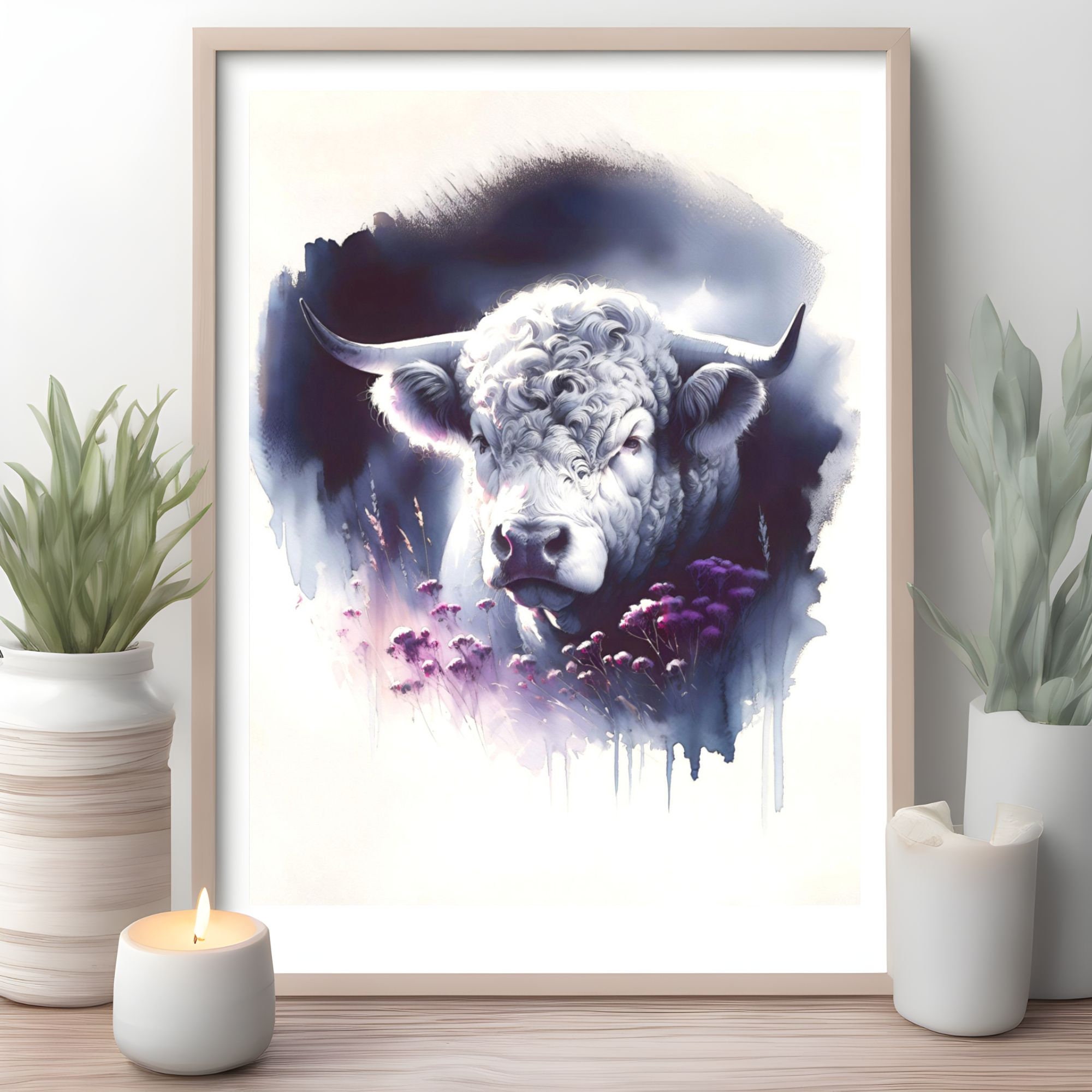 Charolais Bull Print Cattle Watercolor Illustration Wall Art Farm ...