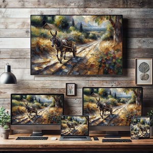 ロバとカート ビンテージ油絵 インパストスタイル デジタル壁紙 電話フレーム テレビ ノートパソコン タブレット デスクトップ PC 素朴なカントリーアート 農家