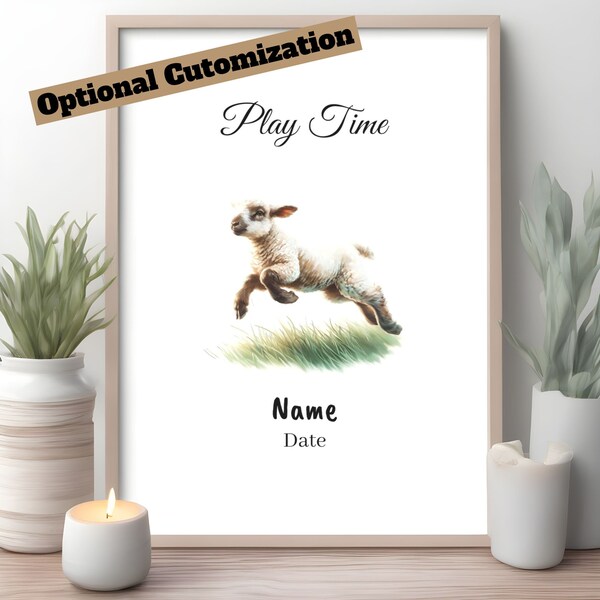 Watercolor Playful Cute Lamb Nursery Illustration Print Baby Farm Animal Wall Art Kid's Room Farmhouse Décor Satin Archival Matte Poster