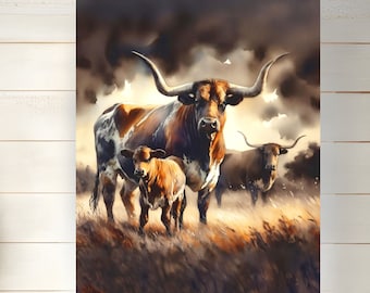 Texas Longhorn Cow Print Cattle Watercolor Illustration Calf Wall Art Farm Lovers Gifts Ranch Painting Farmhouse Décor Archival Matte Poster