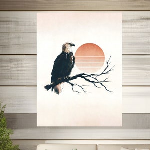 Bald Eagle Watercolor Print: Minimalist Sunset Landscape, Farmhouse Decor