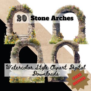 Arche en pierre, lot de 20 cliparts aquarelle florale PNG fond transparent, projets sur le thème rustique et antique, travaux manuels, faire-part