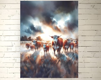 Hereford Herd Print Cattle Watercolor Illustration Wall Art Farm Lovers Gifts Ranch Painting Farmhouse Décor Satin Archival Matte Poster