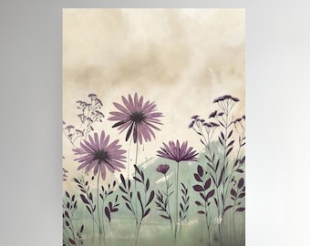 Purple Daisies Watercolor Style Painting Sage Green Floral Art Print Minimalistic Mauve Farmhouse Decor Satin or Archival Matte Poster
