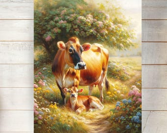 Jersey Cow and Calf Cattle Art Poster Rustic Farmhouse Nature Wall Decor Animal Poster Print Gift Farm Lovers Home Decor Country Style