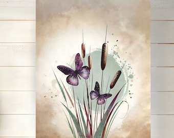 Cattails Purple Butterflies Watercolor Style Painting Sage Green Art Print Minimalistic Mauve Farmhouse Decor Satin or Archival Matte Poster