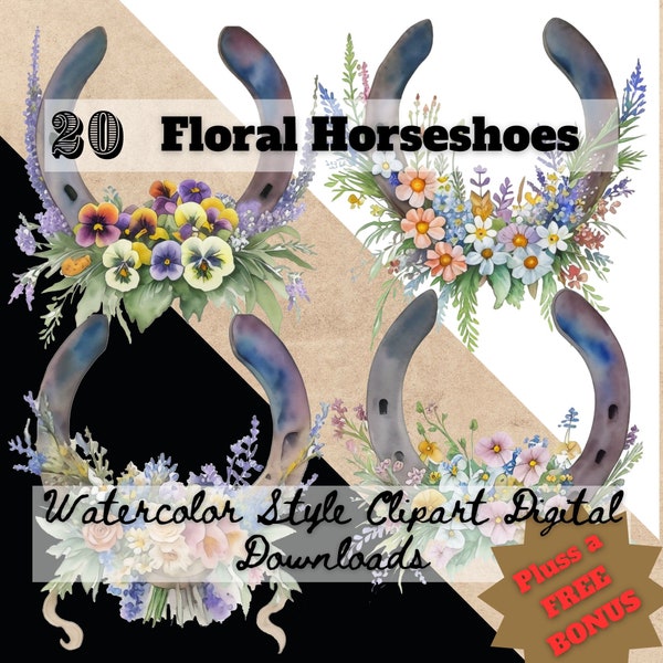 Rustic Floral Watercolor Horseshoe Style Clipart 20 Images With Transparent Background, Digital Download PNG Files Farmhouse Decor, Farm Art