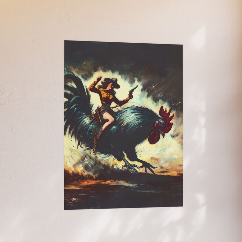 Retro Cowgirl Riding Rooster Poster Art Print: Vintage Western Decor - Etsy