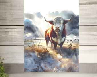 Hereford Bull Watercolor Print: Farmhouse Wall Art Poster