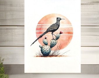 Aquarelprint Roadrunner: minimalistische landschapskunst zonsondergang