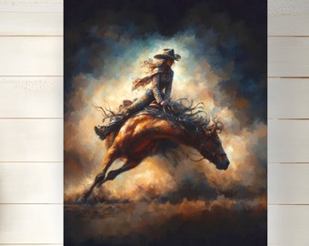 Cowgirl Rodeo Art Poster Print: Western Horse Riding, Impasto Style