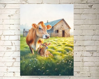 Jersey Cow and Calf Watercolor Poster Print: Farmhouse Rustic Wall Art