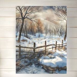 Impresión de bosque nevado, camino rural de invierno, pintura de acuarela de estilo de pino, decoración rústica de granja apagada, arte de pared rural, póster mate de archivo