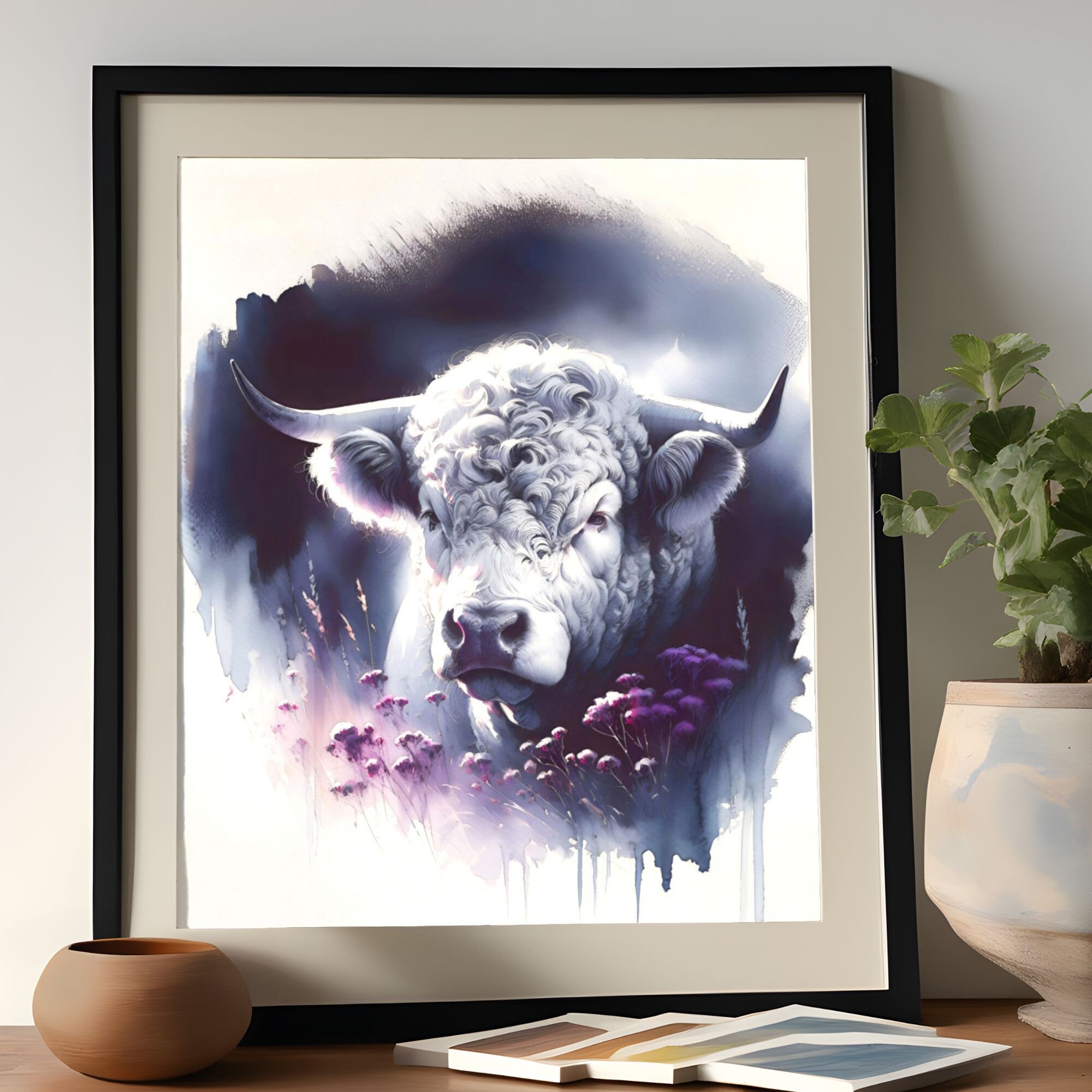 Charolais Bull Print Cattle Watercolor Illustration Wall Art Farm ...