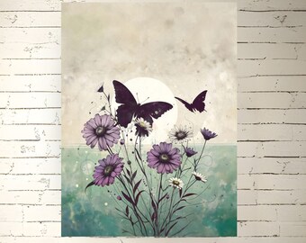 Purple Daisies Butterflies Watercolor Style Painting Sage Green Art Print Minimalistic Mauve Farmhouse Decor Satin or Archival Matte Poster