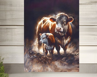 Hereford Cow and Calf Watercolor Poster Print: Farmhouse Wall Art