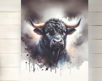 Watercolor Black Angus Bull Poster Print: Farmhouse Cattle Wall Art